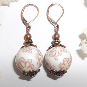 Cream and Copper Earrings Flower Boho Style Dangle Gift Idea for Her Big 6706
